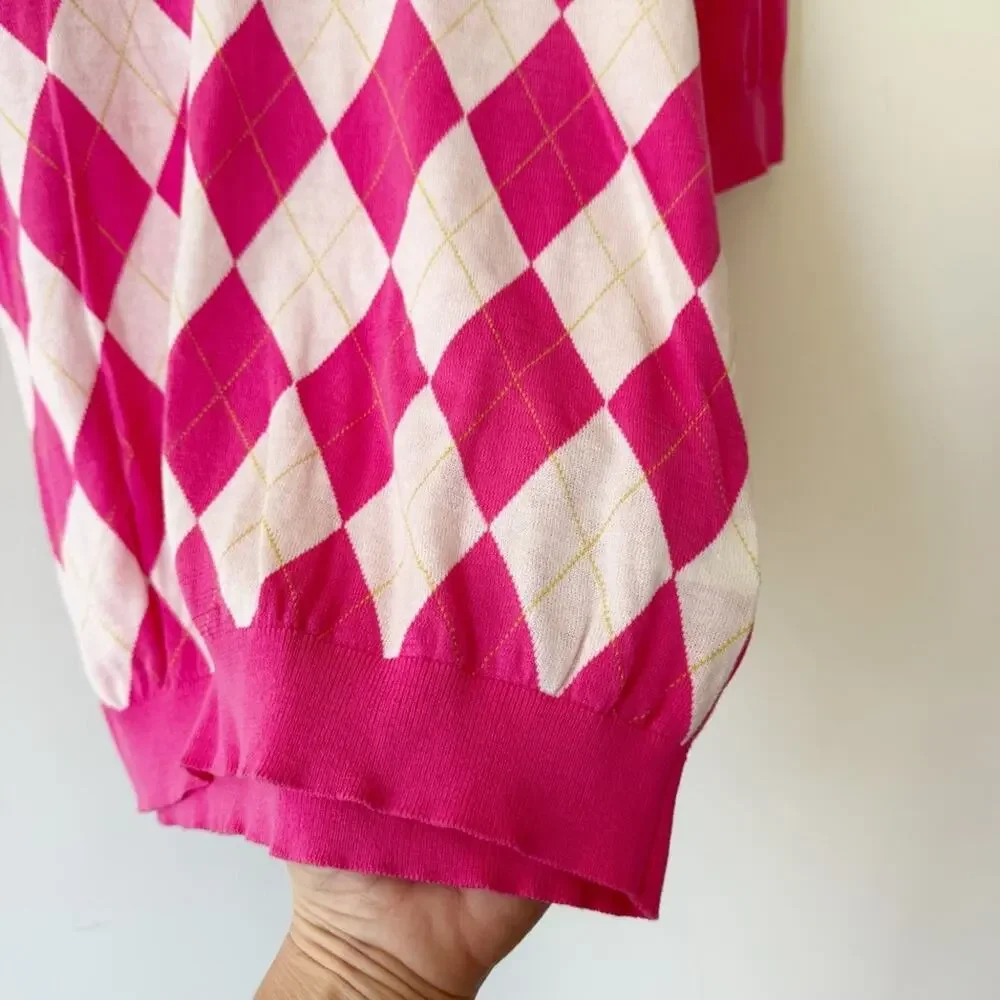 J. Crew Y2K Preppy Hot Pink Argyle Short Sleeve Lightweight Sweater M